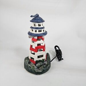 Vtg Cast Iron Night Light 11" House Tea Candle Door Stop Red White Blue Nautical
